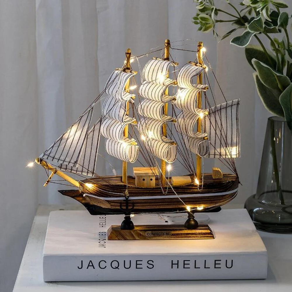 Wooden Sailboat Sculpture with LED Lights – Handcrafted Nautical Decor for Home, Office, and Gifts.