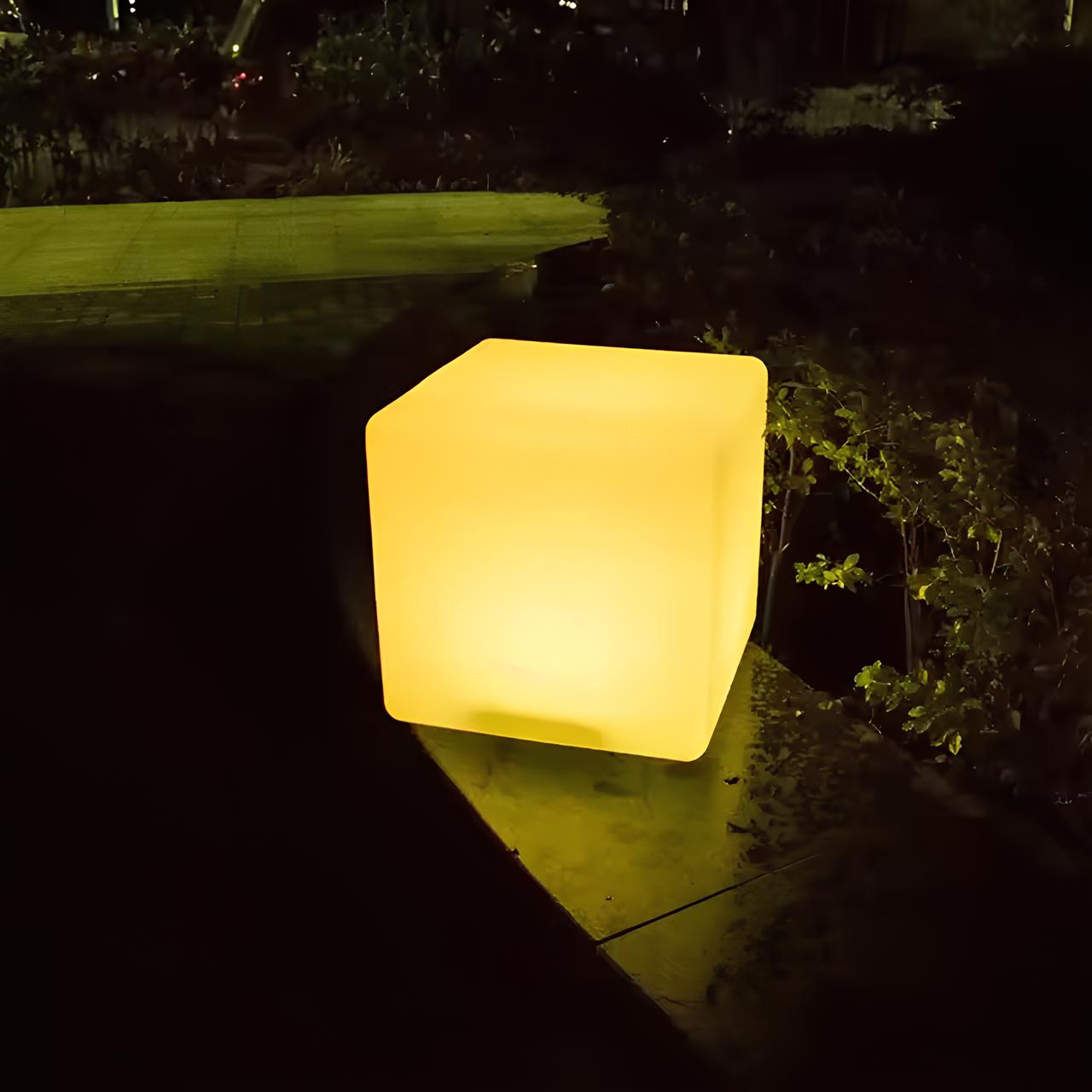 Solar-powered cubic garden light with LED illumination, ideal for outdoor garden and patio decor