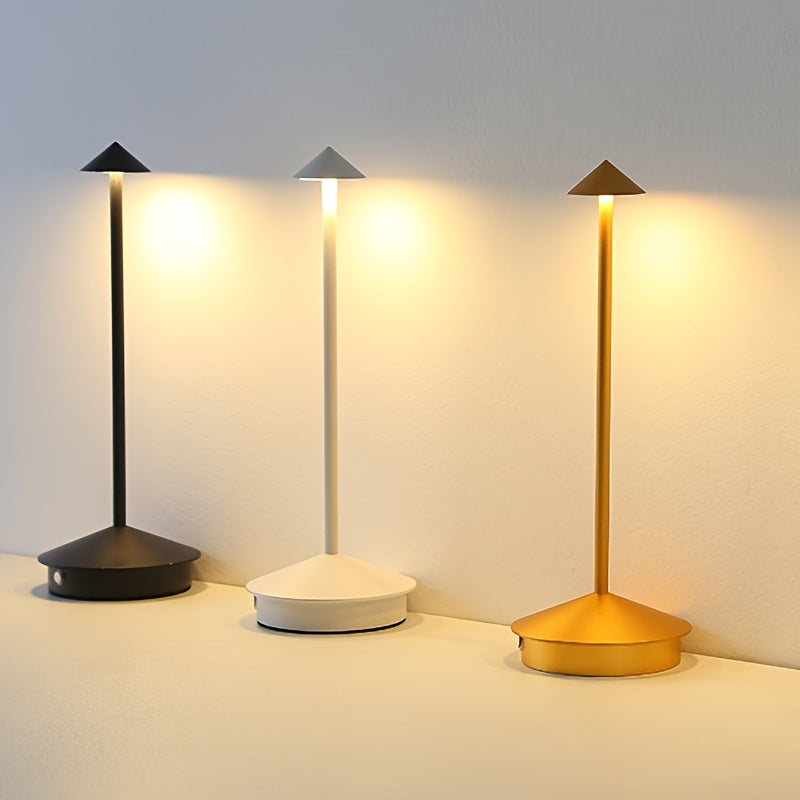 Cordless rechargeable LED desk lamp with touch control and mid-century modern design, perfect for indoor and outdoor use.