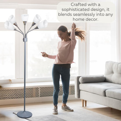 Floor Lamp for Bedroom Multi Head 5 Light Bright Floor Lamp - Medusa 5 Light Standing Lamp -Floor Lamps for Bedroom Spider Lamp 5 Acrylic White Shades Standing Light Spider Lamp Silver Floor Lamp