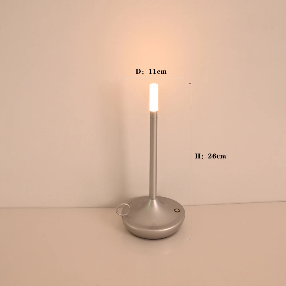 Rechargeable Candle Table Lamp - Modern Dimmable Light for Bedroom & Camping - Silver