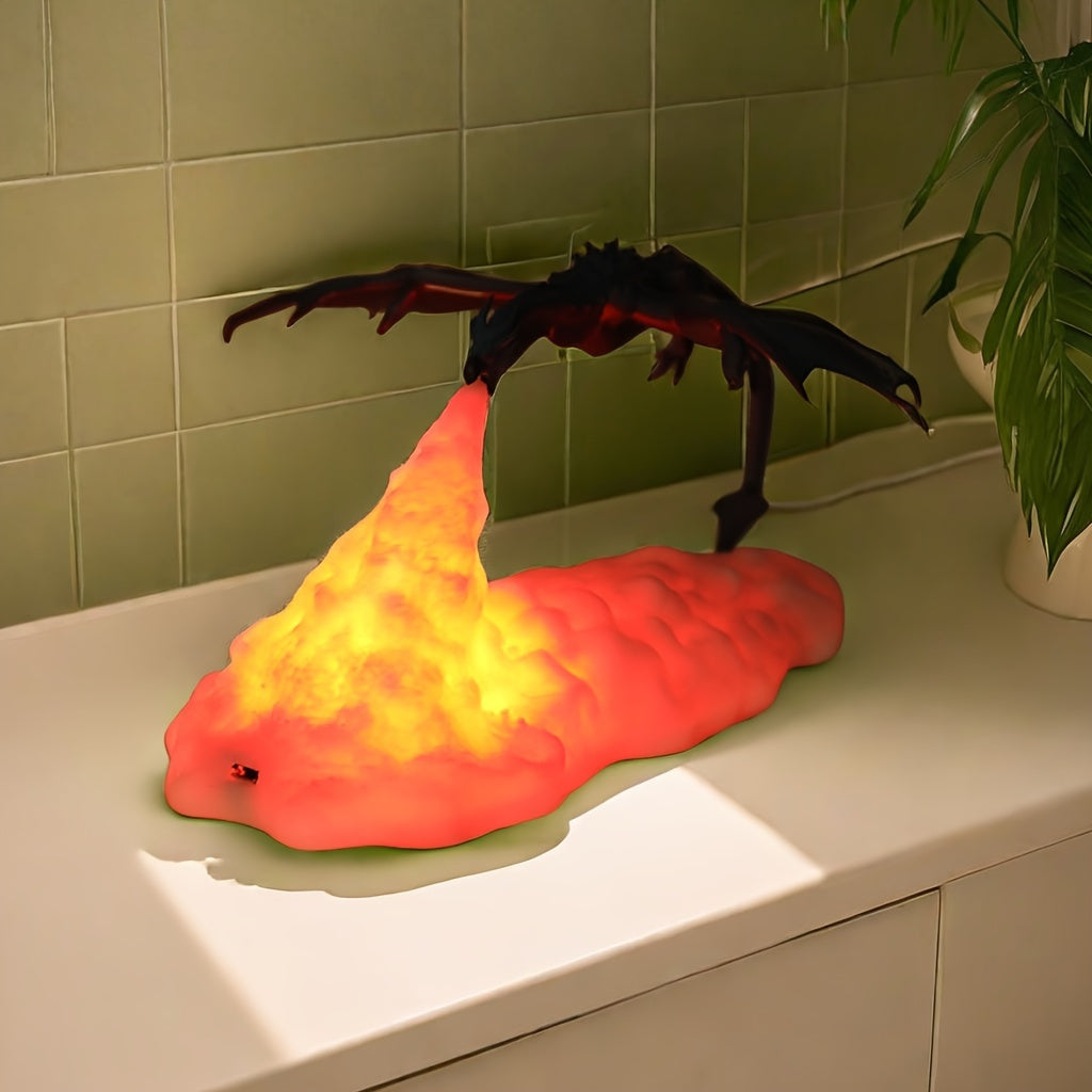 3D-printed fire dragon lamp with volcano effect, rechargeable battery-powered night light, perfect for bedroom or office decor, fantasy-themed ambiance.