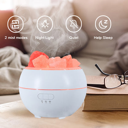 3-in-1 salt lamp diffuser with Himalayan salt crystals, USB powered, combining an essential oil diffuser, humidifier, and warm glowing nightlight.