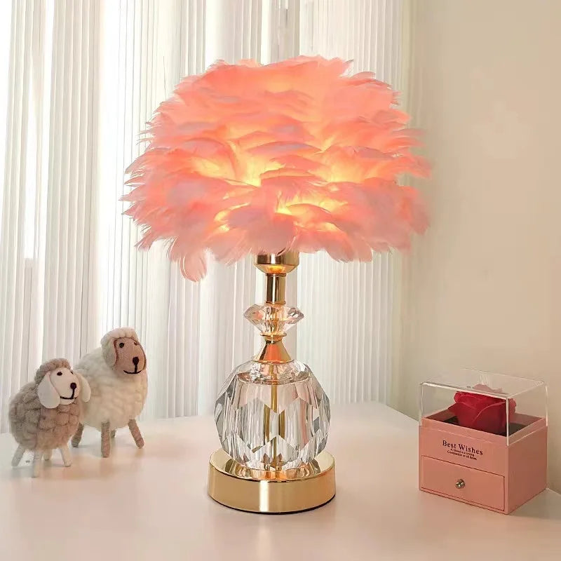 Crystal Desk Lamp LED Handmade Feather Desk Lamp Nordic Home Decoration Lamp Modern and Simple Bedroom Bedside Desk Lamp