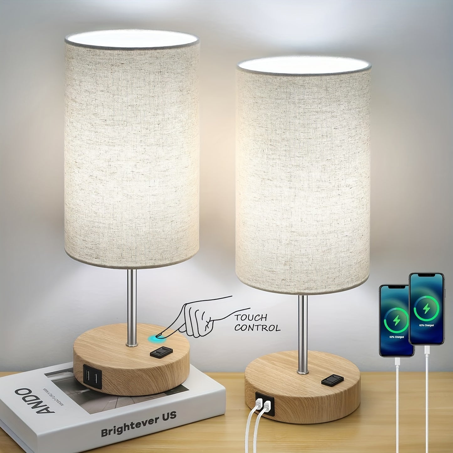 Bed Side Charging Lamp with touch control, dimmable feature, USB charging ports, and white fabric shade, perfect for bedroom and living room.