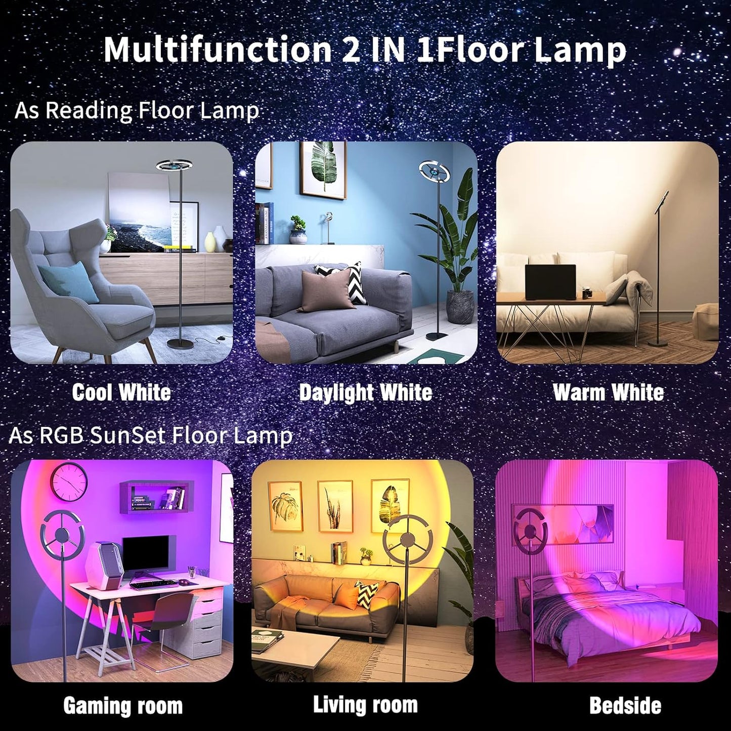 3 in 1 Sunset Lamp | 1.8M Floor Lamps for Living Room, 3 Color Temperatures, Rotatable Tall Lamp | 16 Colors Changing Projector Rainbow Night Light 360 Degree Rotation for Christmas Decorations