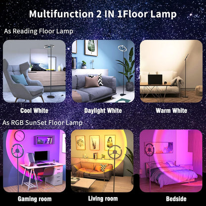 3 in 1 Sunset Lamp | 1.8M Floor Lamps for Living Room, 3 Color Temperatures, Rotatable Tall Lamp | 16 Colors Changing Projector Rainbow Night Light 360 Degree Rotation for Christmas Decorations