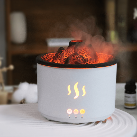 Volcano diffuser with flame lava design, USB-powered humidifier, ideal for aromatherapy in home, bedroom, and yoga spaces.