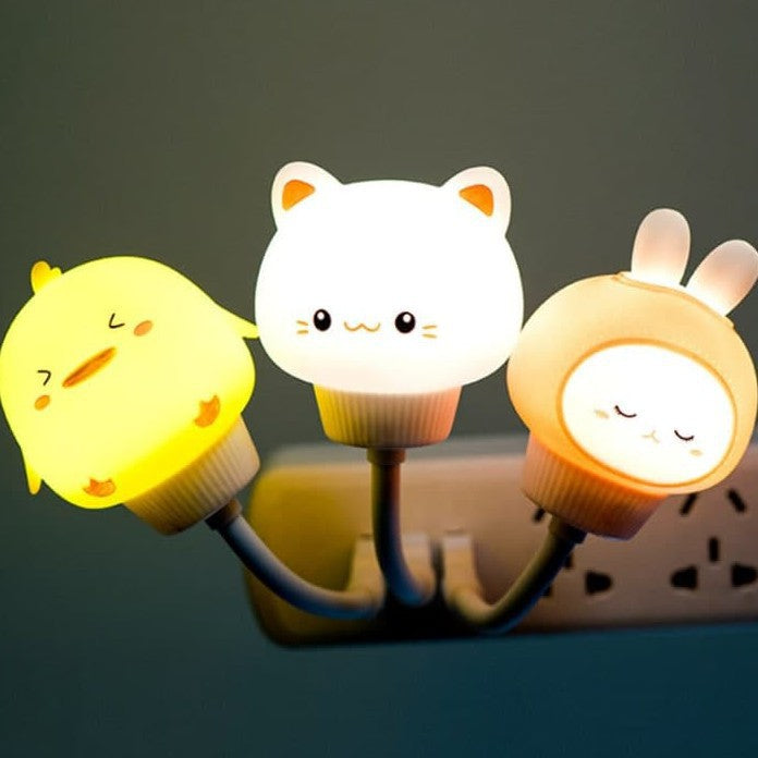 Cute USB-powered animal night light with adjustable brightness, available in Kitten, Rabbit, Duckling, and Bear designs