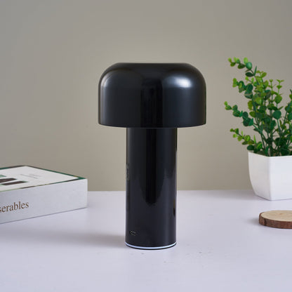 Modern cordless mushroom-shaped table lamp with touch control, dimmable lighting, rechargeable battery, and sleek design for versatile use.