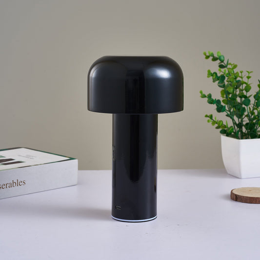 Modern cordless mushroom-shaped table lamp with touch control, dimmable lighting, rechargeable battery, and sleek design for versatile use.