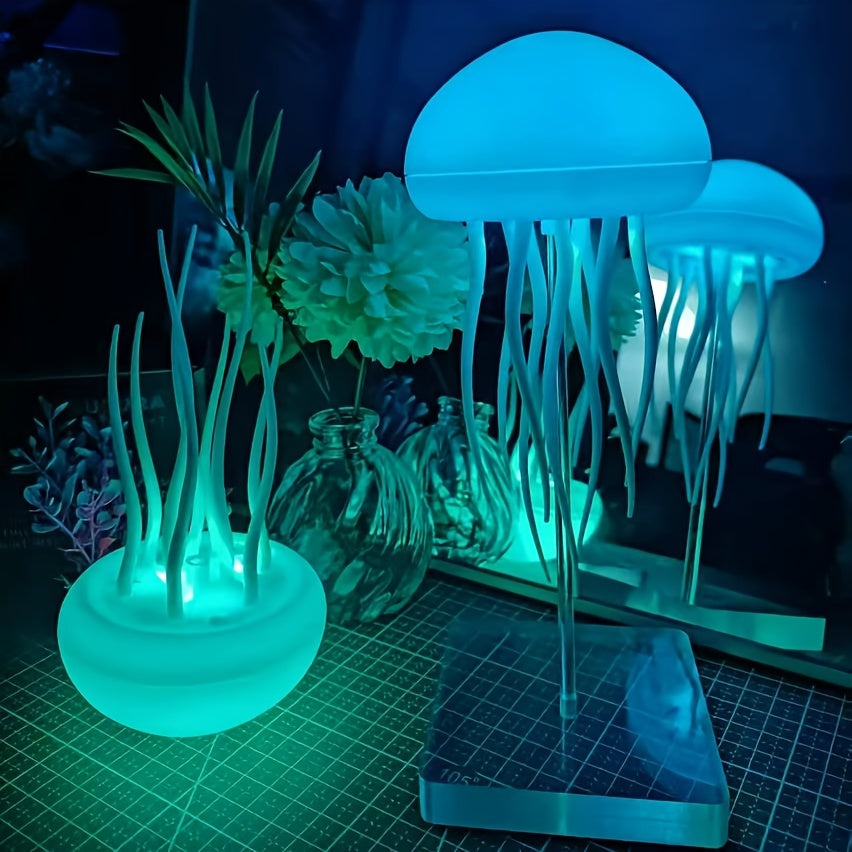 Jellyfish lamp with modern color-changing LED lights, USB rechargeable, featuring a sleek design and adjustable base for home decor.