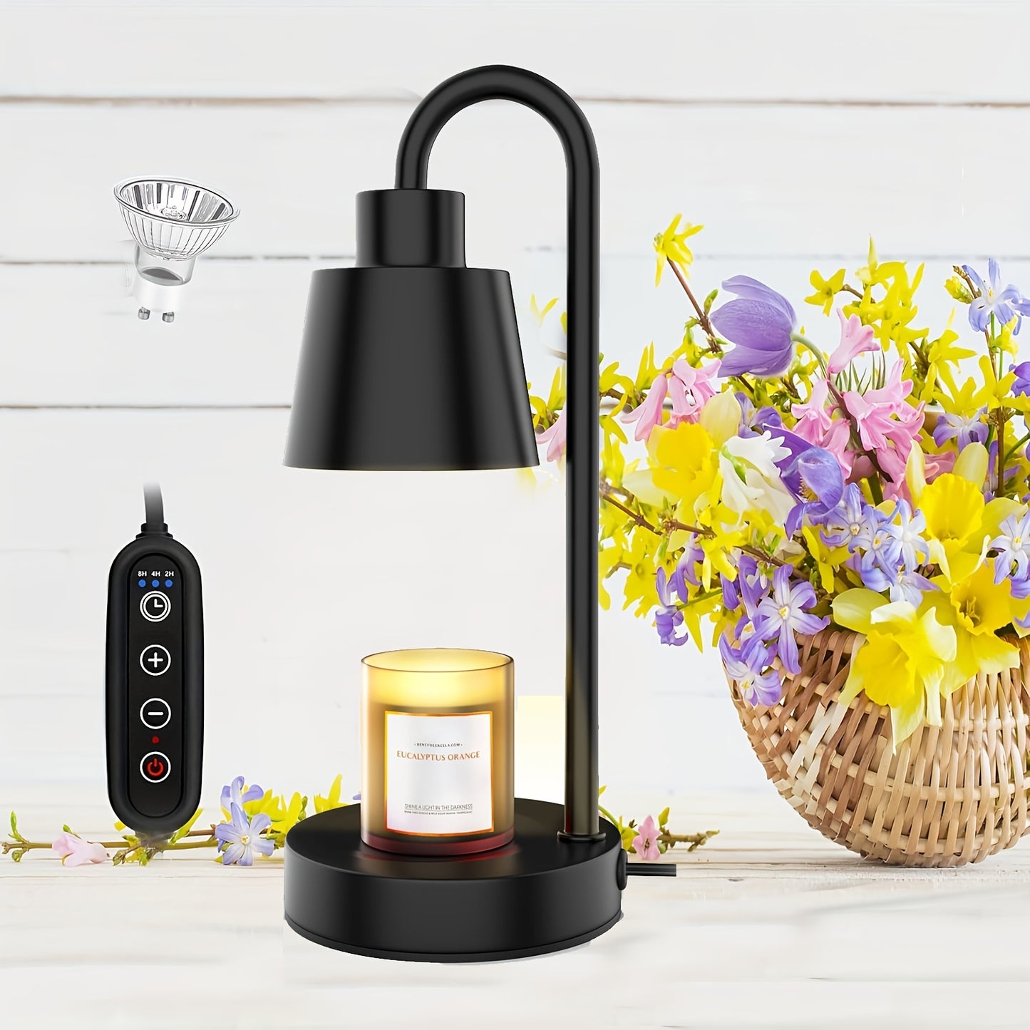 Electric black candle warmer lamp with dimmable heat, timer, and adjustable brightness, perfect for melting wax and home decor.