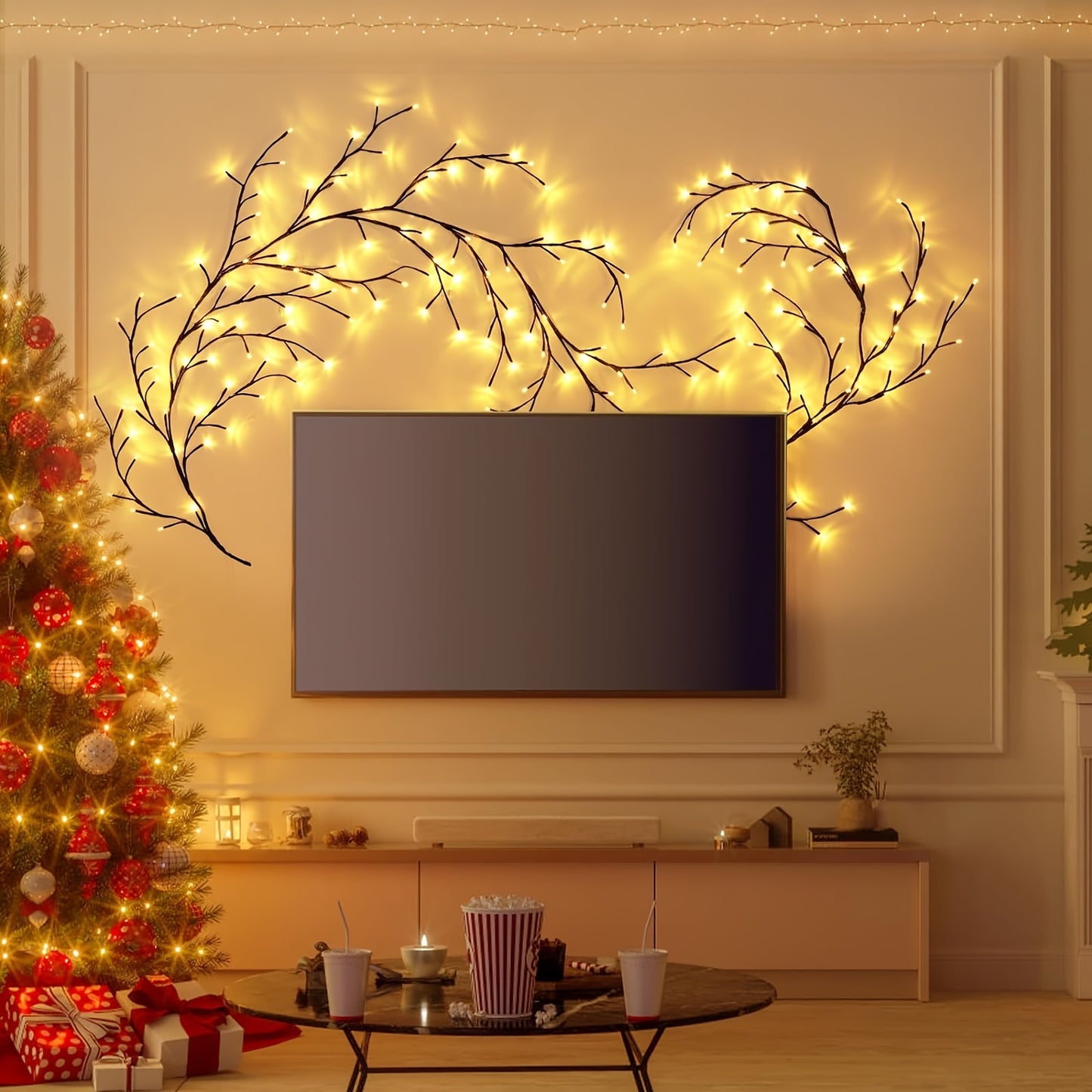 Christmas Vine Tree Lamp with 72/96 LED lights, flexible branches, and 8 lighting modes for home decoration, USB plug-in design.