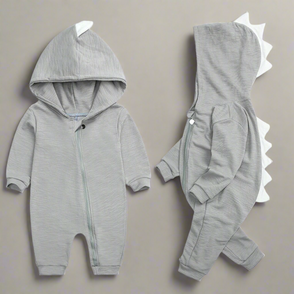 Royaleva Dinosaur Baby Onesie - Soft Cotton Hooded Romper for Newborns & Infants - Gray / 0-3 Months