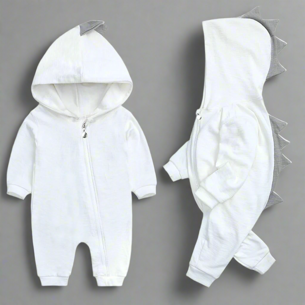 Royaleva Dinosaur Baby Onesie - Soft Cotton Hooded Romper for Newborns & Infants - White / 0-3 Months