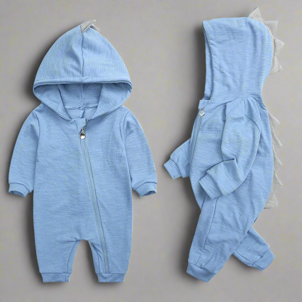 Royaleva Dinosaur Baby Onesie - Soft Cotton Hooded Romper for Newborns & Infants - Blue / 0-3 Months