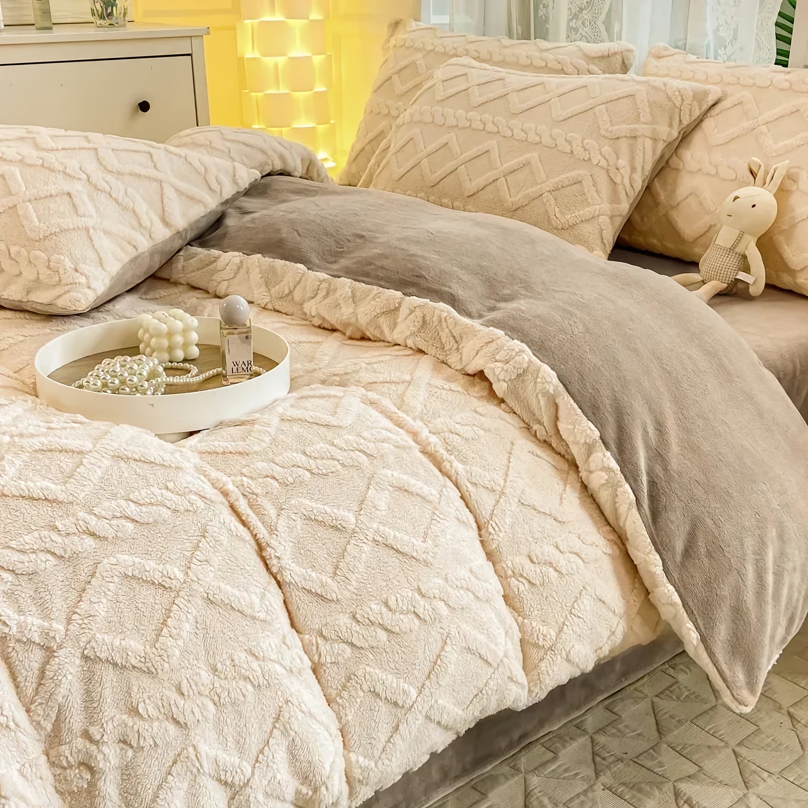 Luxury plush duvet cover in a soft, cozy fabric, adding elegance and warmth to any bedroom décor.