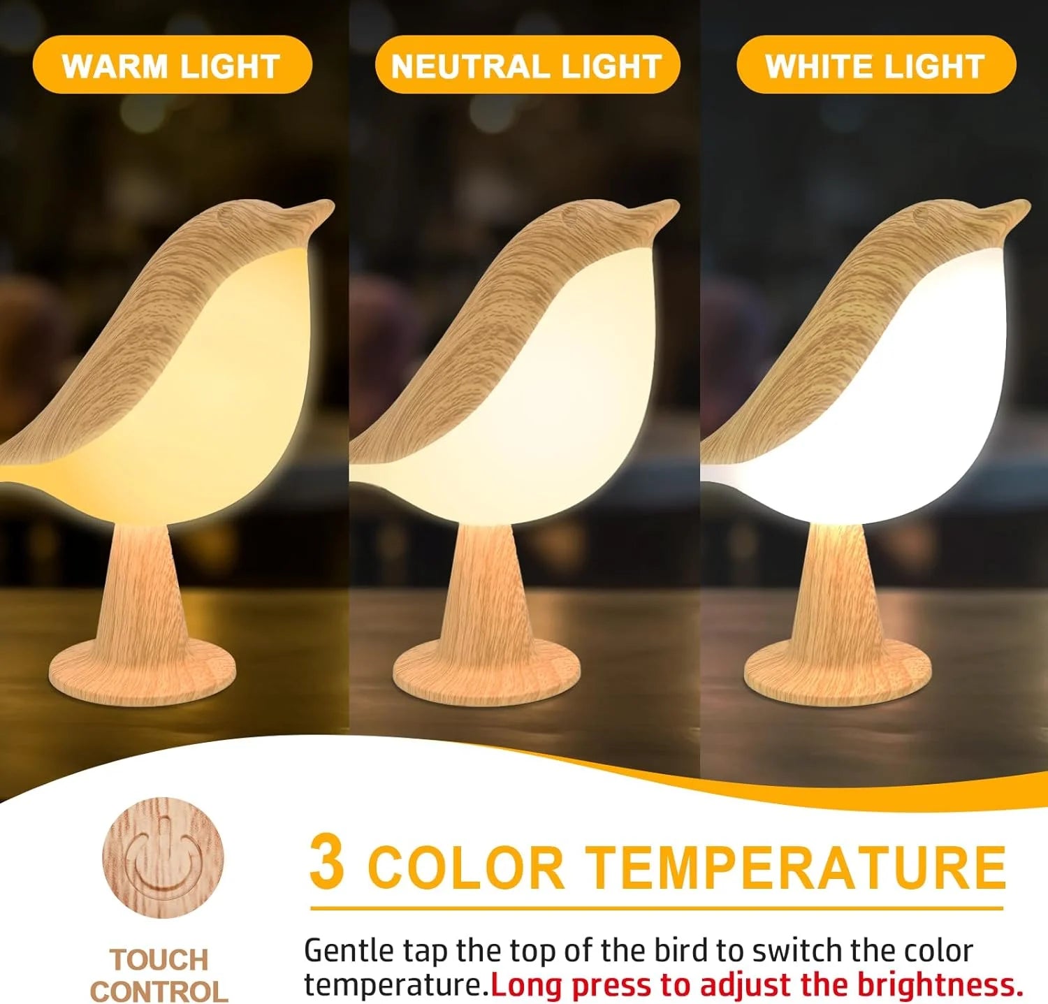 Touch-Control Wooden Bird Night Light - Rechargeable LED Bedside Lamp - Default Title