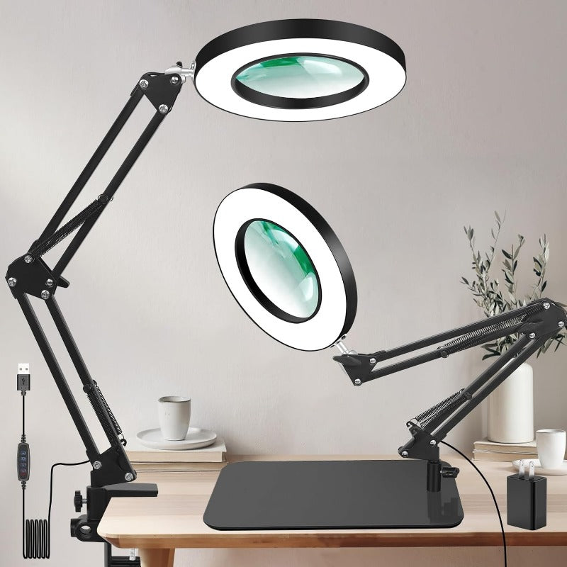 Magnifying Glass Lamp with 8X real glass lens, adjustable LED lighting, 3 color modes, and desk clamp, ideal for hobbies and crafts.