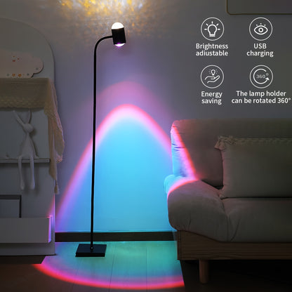 Water ripple floor lamp with 360° adjustable design, replaceable color filters, and USB port, perfect for creating unique ambient lighting in living rooms or bedrooms.