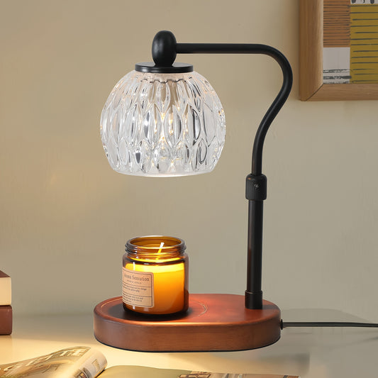 Vintage-style candle warmer with glass shade, adjustable gooseneck, and dimmable heat, perfect for safely warming jar candles and enhancing home decor.