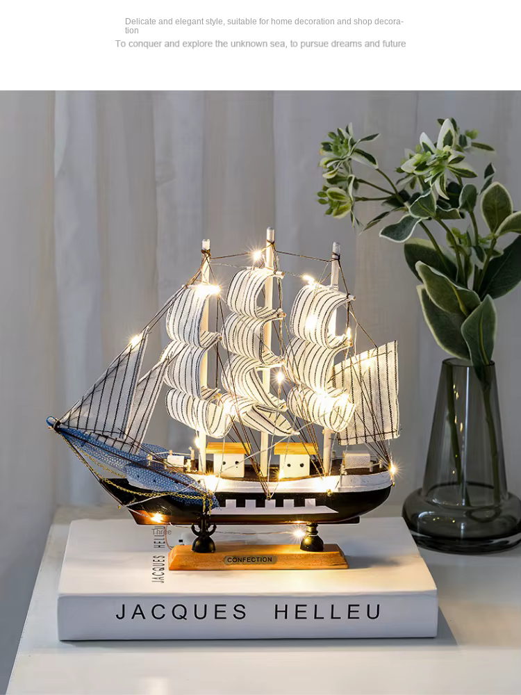 Royaleva Nordic Wooden Sailboat Sculpture - LED Lit Decor Piece, Battery-Powered