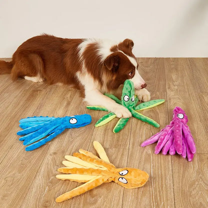 Furora No Stuffing Squeaky Octopus Dog Toy - Interactive Plush with Crinkle Tails for Small to Large Dogs