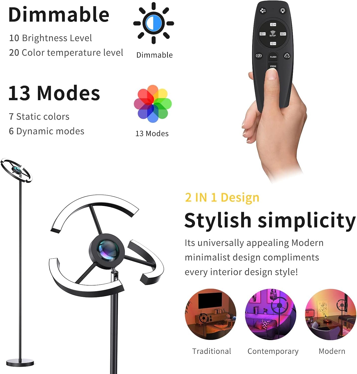 3 in 1 Sunset Lamp | 1.8M Floor Lamps for Living Room, 3 Color Temperatures, Rotatable Tall Lamp | 16 Colors Changing Projector Rainbow Night Light 360 Degree Rotation for Christmas Decorations