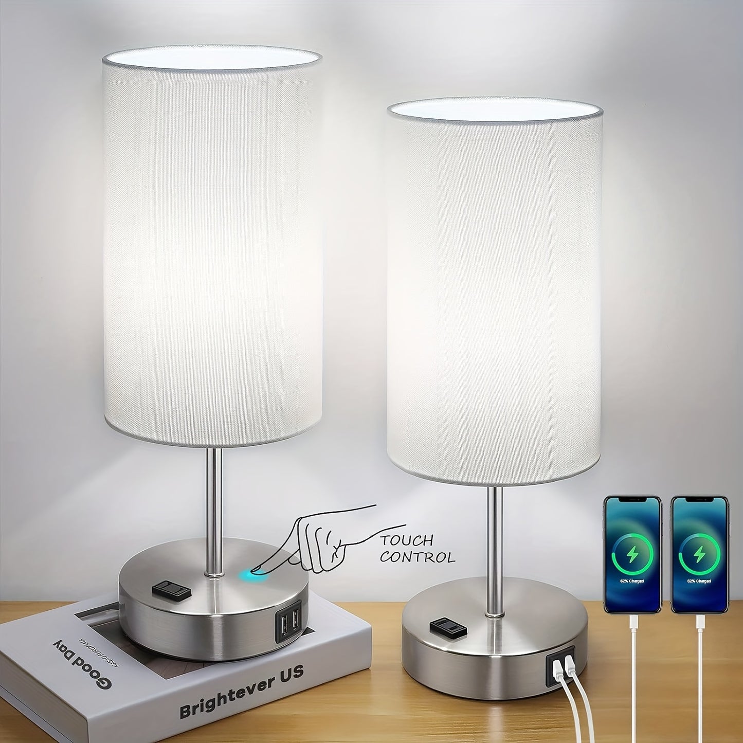 Bed Side Charging Lamp with touch control, dimmable feature, USB charging ports, and white fabric shade, perfect for bedroom and living room.