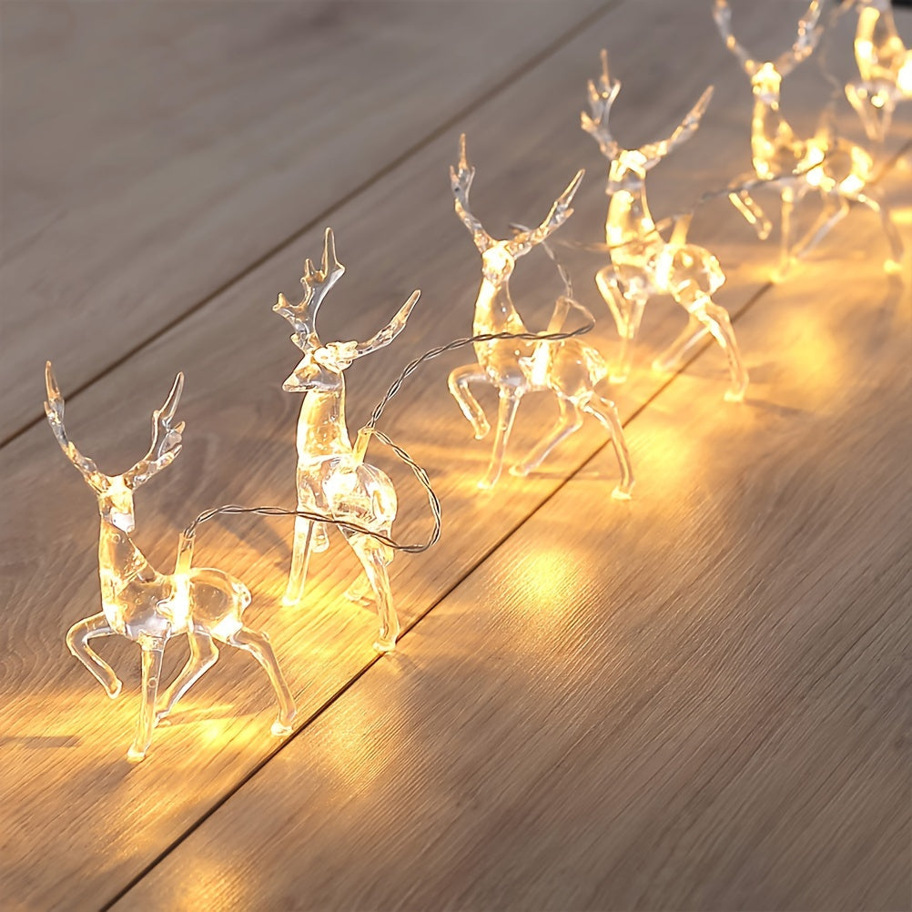 Reindeer-themed battery-operated LED Christmas string lights, perfect for indoor and outdoor holiday decor, featuring warm glow for a festive ambiance.