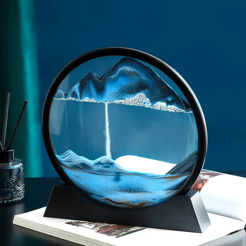 Moving sand art sculpture with LED light option, creating unique, calming landscapes with each rotation. Perfect for home or office decor.