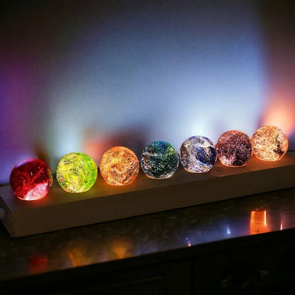 Royaleva Crystal Galaxy Orbs - 7 Galaxy-Themed Glass Spheres on Wooden Base