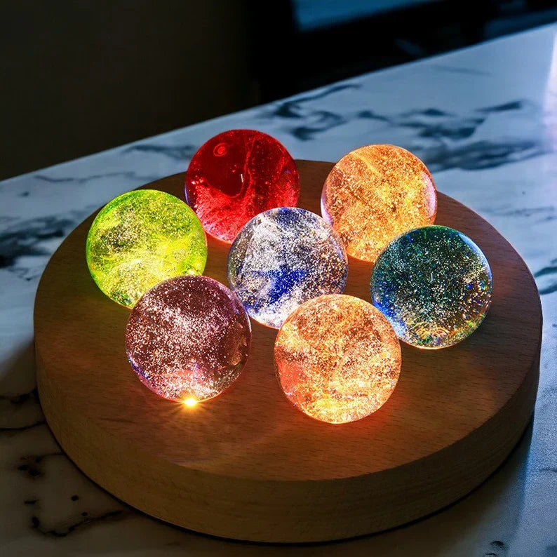 Royaleva Crystal Galaxy Orbs - 7 Galaxy-Themed Glass Spheres on Wooden Base