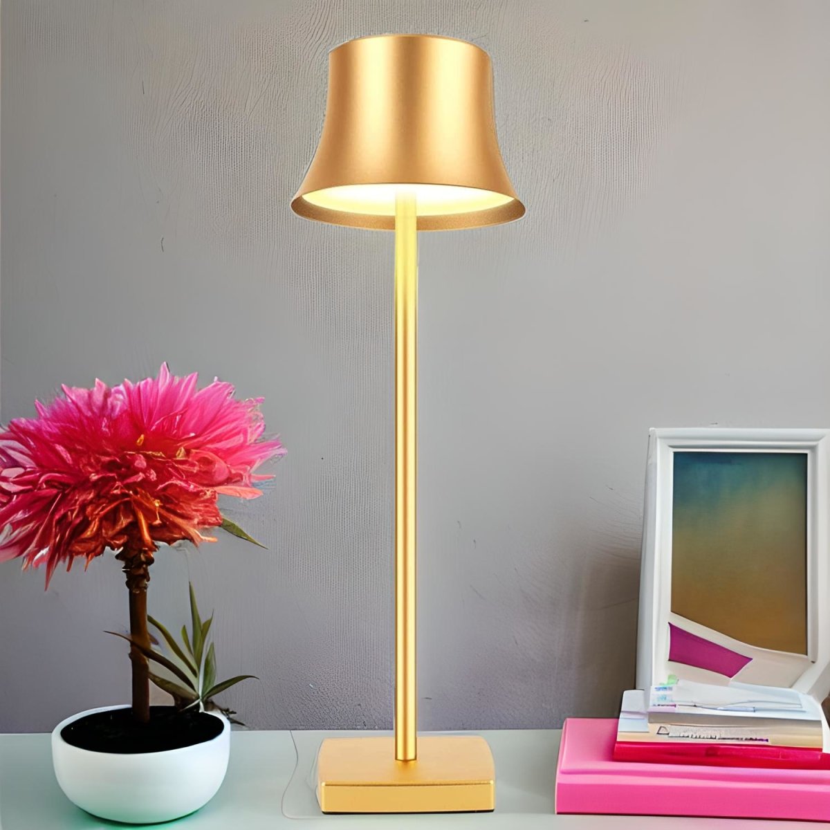 Elegant cordless LED desk lamp with touch dimming and USB charging, ideal for bedside, office, and portable use.