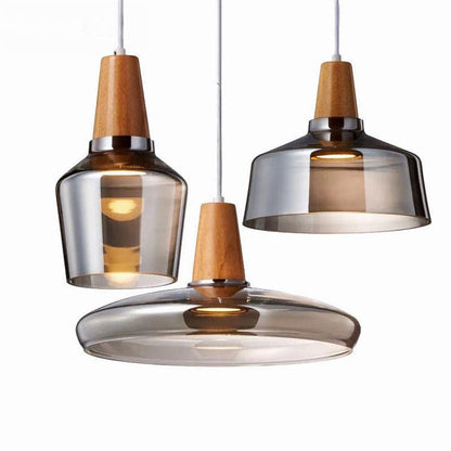 RoyaleGlow Vintage-Inspired Glass and Wood Pendant Lighting - Classic Elegance - Grey / Type A