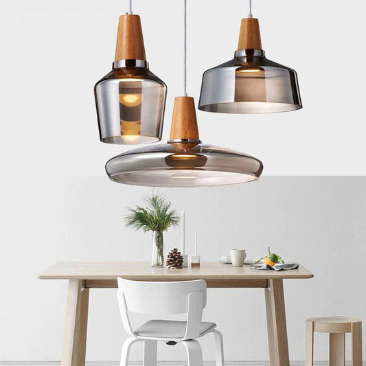 RoyaleGlow Vintage-Inspired Glass and Wood Pendant Lighting - Classic Elegance - Grey / Type A