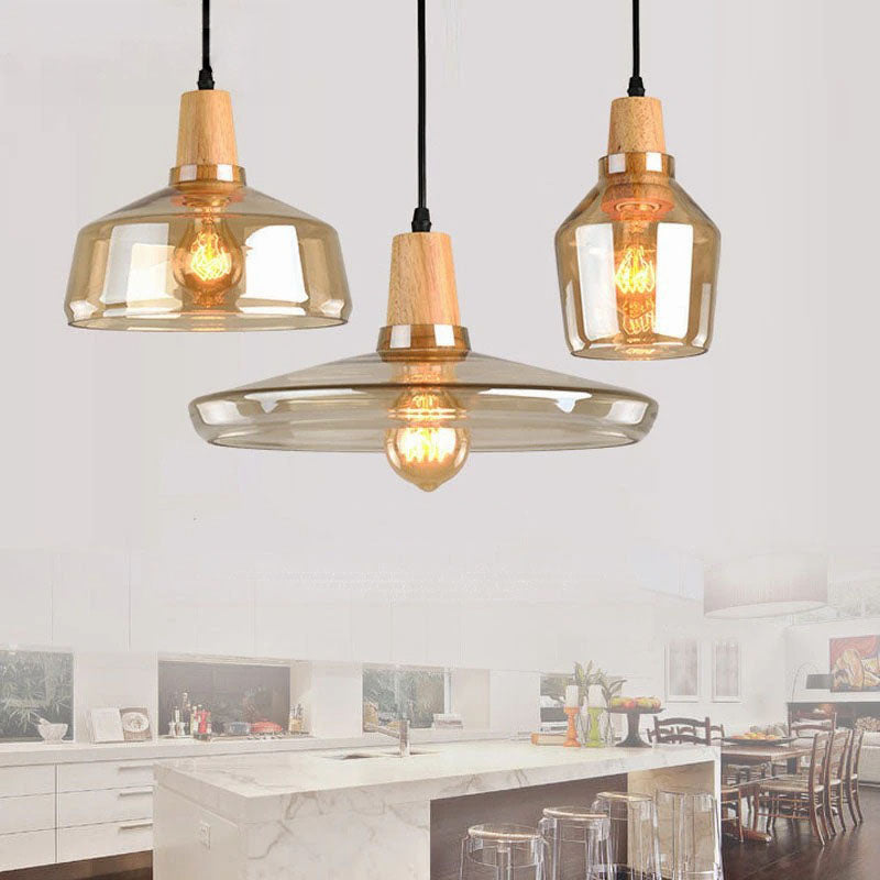 RoyaleGlow Vintage-Inspired Glass and Wood Pendant Lighting - Classic Elegance - Grey / Type A