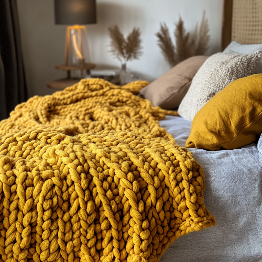 Royaleva Chunky Knit Blanket - Handwoven Cozy Comfort - Yellow / Small(80x80cm)