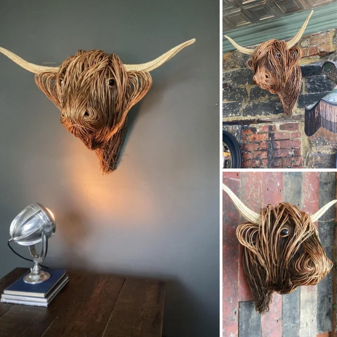 Handmade Highland Cow Wall Sculpture - Rustic, realistic cow head decor for stylish home interiors.