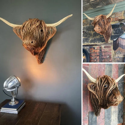 Handmade Highland Cow Wall Sculpture - Rustic, realistic cow head decor for stylish home interiors.