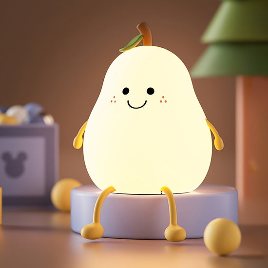 Pear-shaped plush night light with multicolor LED, made from soft silicone, USB rechargeable, perfect for nurseries and kids' rooms.