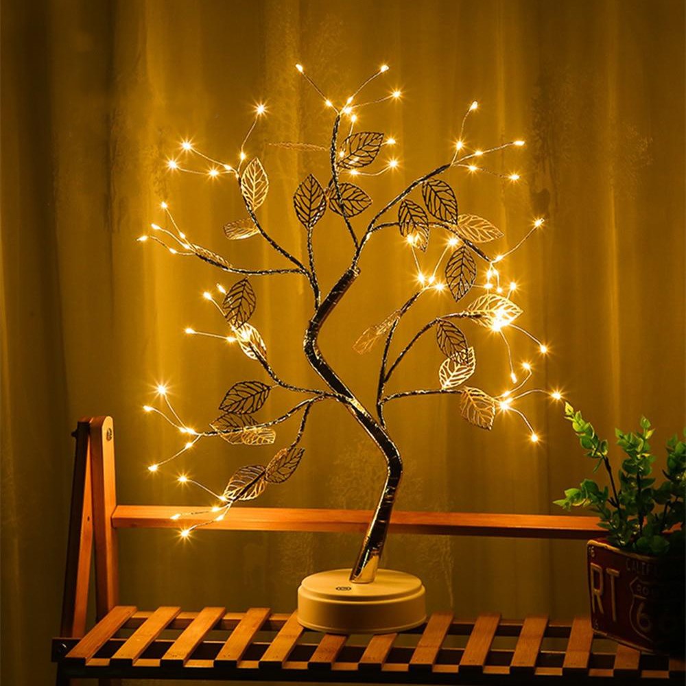 Golden Leaf Tree lamp with warm LED lights, adjustable branches, USB and battery power options, cozy decor