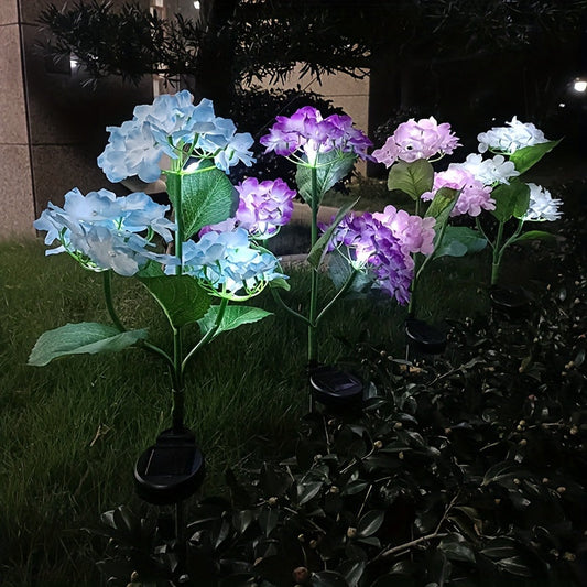 Realistic solar-powered hydrangea lights, vibrant LED garden flower stakes, eco-friendly outdoor hydrangea decor, Royaleva solar flower lights for pathways and gardens.