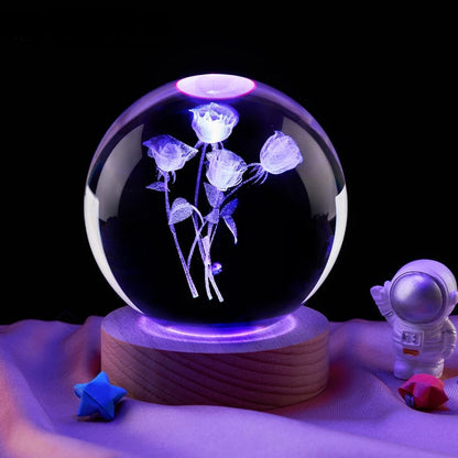 Royallure 3D Rose Crystal Ball Lamp - Laser Engraved Night Light for Home Decor