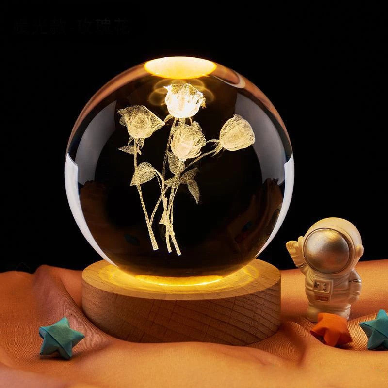 Royallure 3D Rose Crystal Ball Lamp - Laser Engraved Night Light for Home Decor