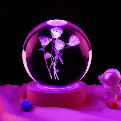 Royallure 3D Rose Crystal Ball Lamp - Laser Engraved Night Light for Home Decor