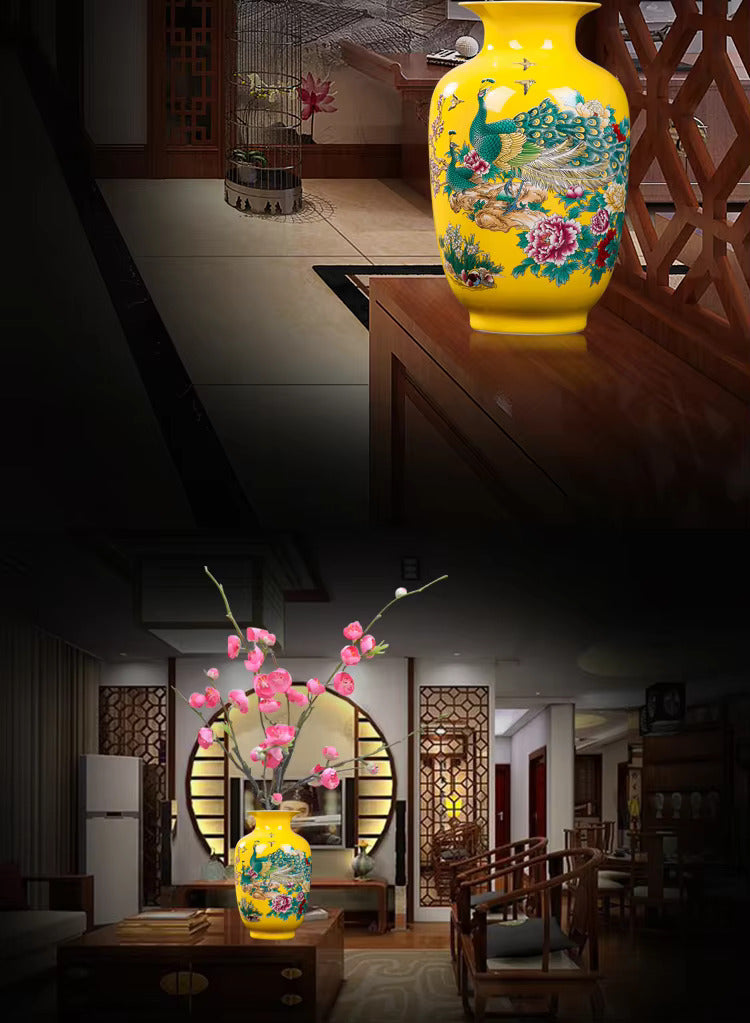 Royelux Jingdezhen Yellow Peacock Ceramic Vase – A Statement of Timeless Elegance