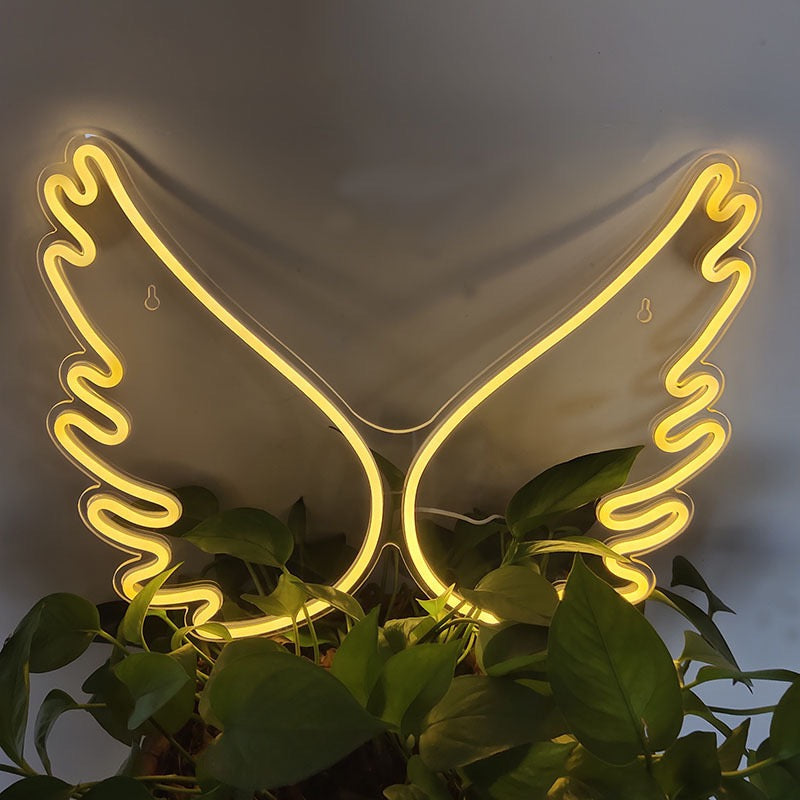 RoyaleGlow LED Neon Sign - "Good Vibes" Bright Pink LED Wall Light - ANGEL WINGS YELLOW - 45*34cm